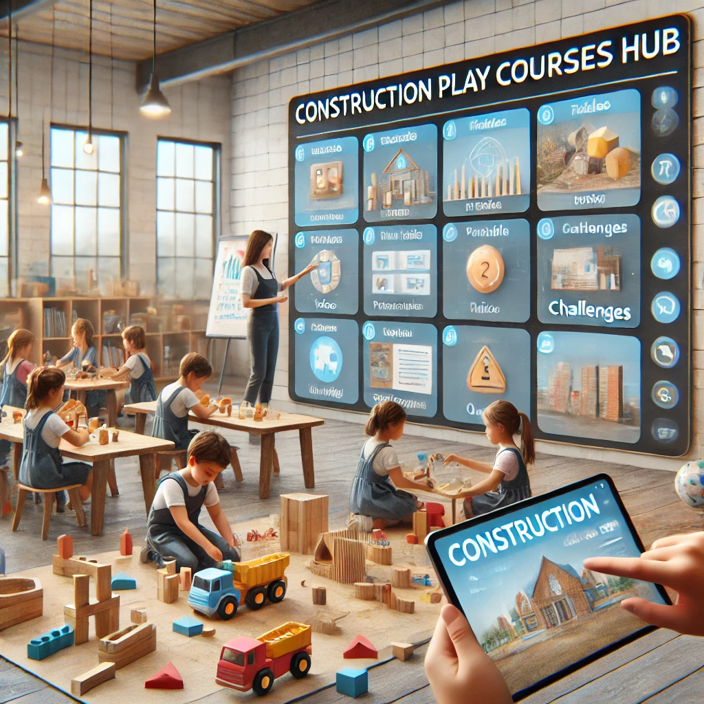 DALL·E 2024 08 10 21.17.27 A realistic image explaining the Construction Play Courses Hub. The image should be divided into two parts The first part shows a modern classroom